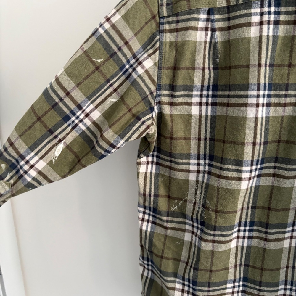 Carhartt Mens Large Green Plaid Flannel Button Down Work Shirt Distressed - Picture 5 of 7